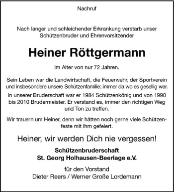 Anzeige von Heiner Röttgermann von Westfälische Nachrichten