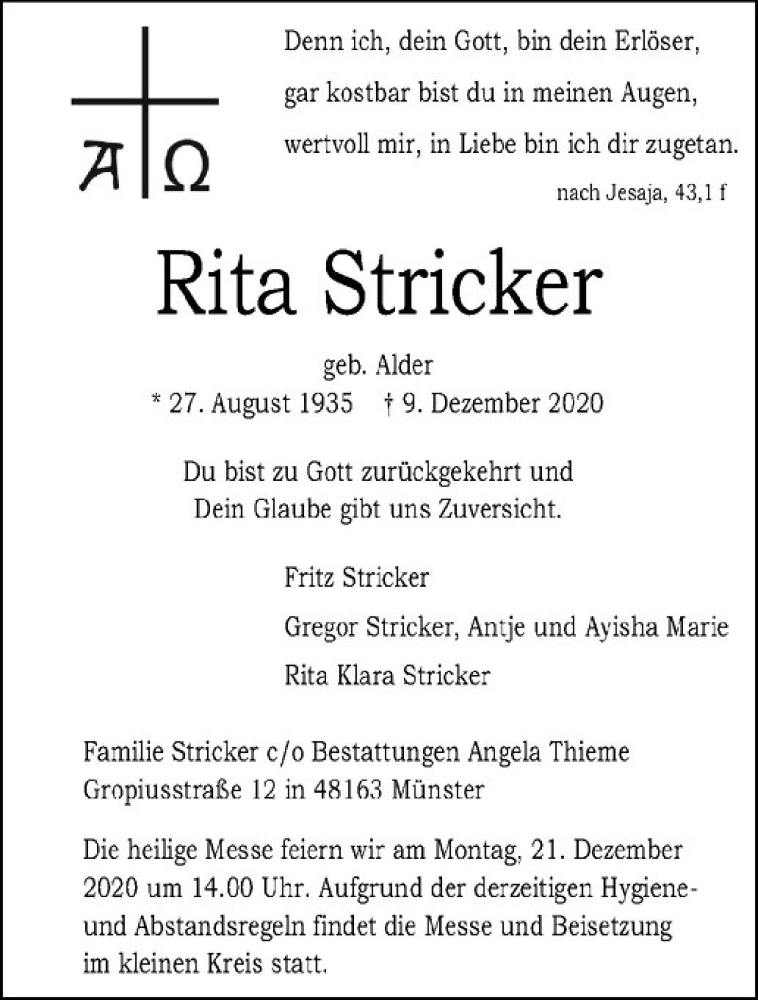  Traueranzeige für Rita Stricker vom 19.12.2020 aus Westfälische Nachrichten