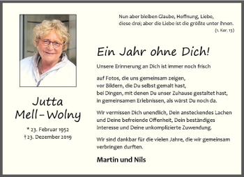 Anzeige von Jutta Mell-Wolny von Westfälische Nachrichten