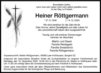 Anzeige von Heiner Röttgermann von Westfälische Nachrichten