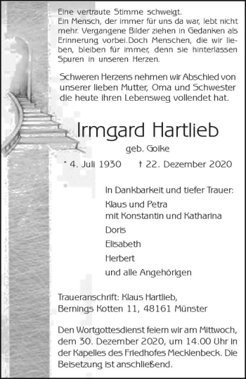 Anzeige von Irmgard Hartlieb von Westfälische Nachrichten