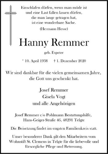 Anzeige von Hanny Remmer von Westfälische Nachrichten