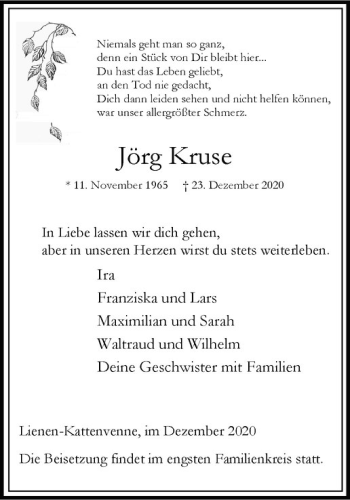 Anzeige von Jörg Kruse von Westfälische Nachrichten