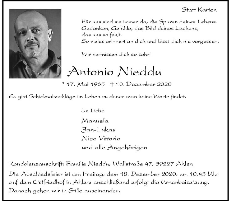  Traueranzeige für Antonio Nieddu vom 16.12.2020 aus Westfälische Nachrichten