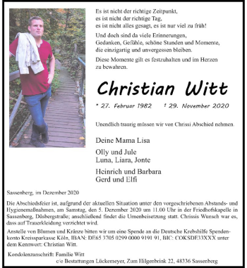 Anzeige von Christian Witt von Westfälische Nachrichten