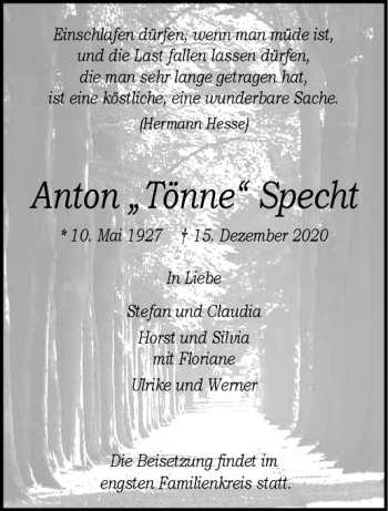 Anzeige von Anton Specht von Westfälische Nachrichten