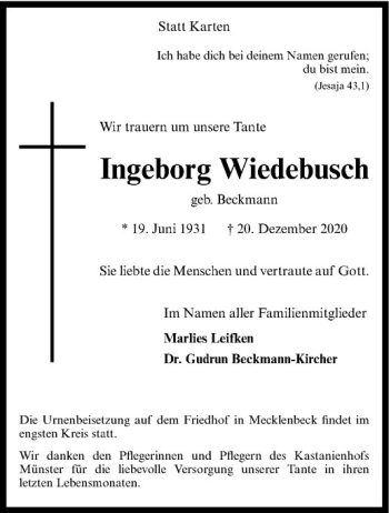 Anzeige von Ingeborg Wiedebusch von Westfälische Nachrichten