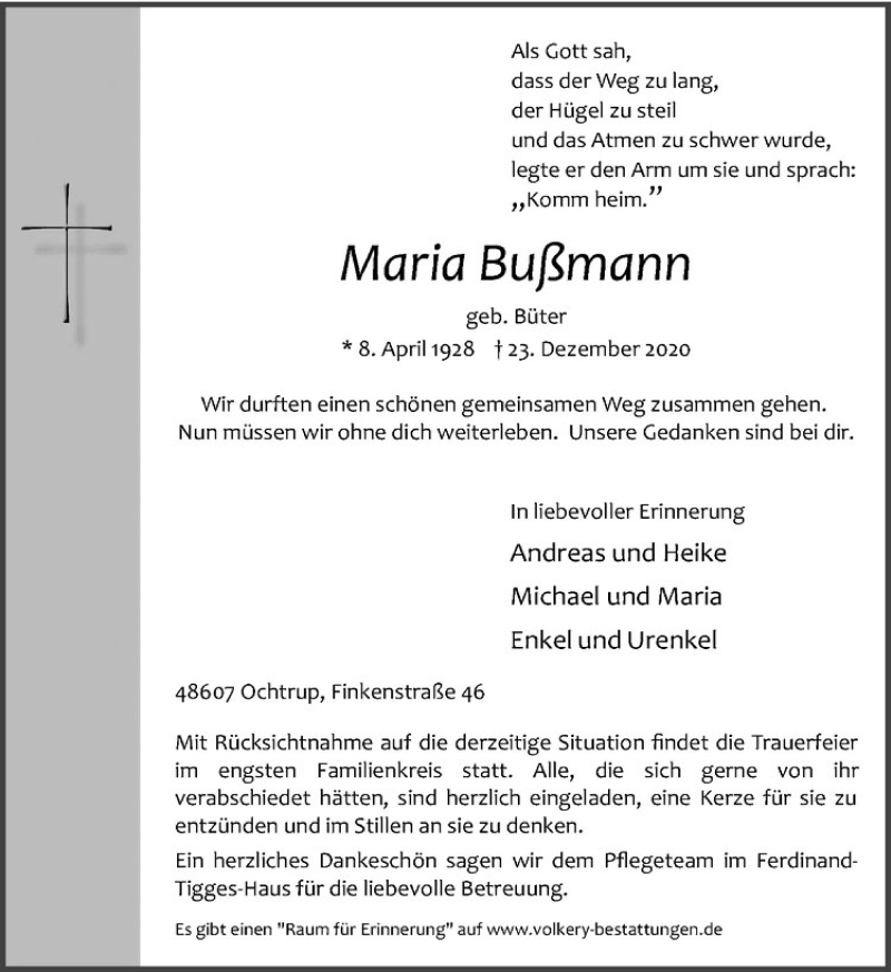  Traueranzeige für Maria Bußmann vom 29.12.2020 aus Westfälische Nachrichten