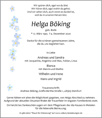Anzeige von Helga Böding von Westfälische Nachrichten