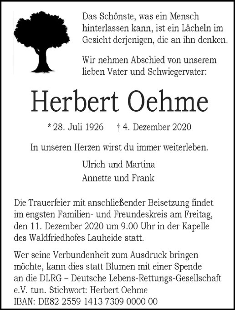  Traueranzeige für Herbert Oehme vom 09.12.2020 aus Westfälische Nachrichten
