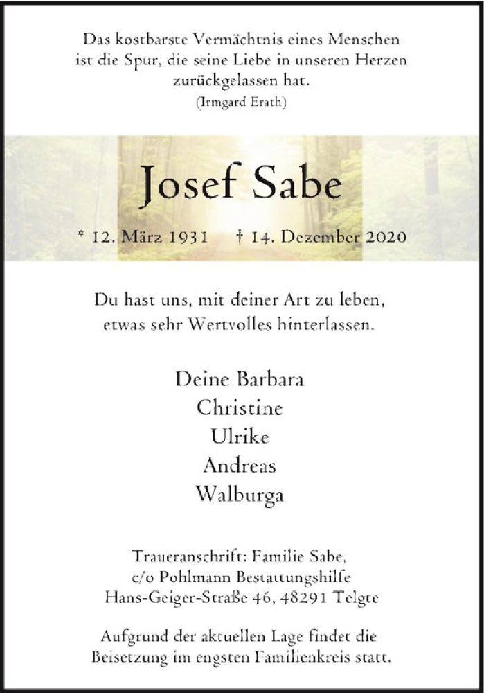  Traueranzeige für Josef Sabe vom 19.12.2020 aus Westfälische Nachrichten