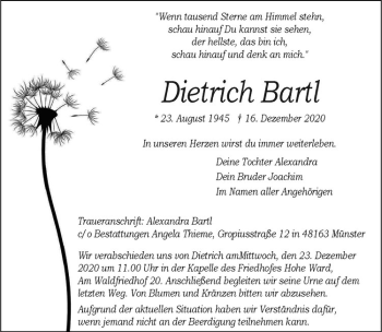 Anzeige von Dietrich Bartl von Westfälische Nachrichten