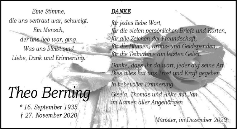  Traueranzeige für Theo Berning vom 31.12.2020 aus Westfälische Nachrichten