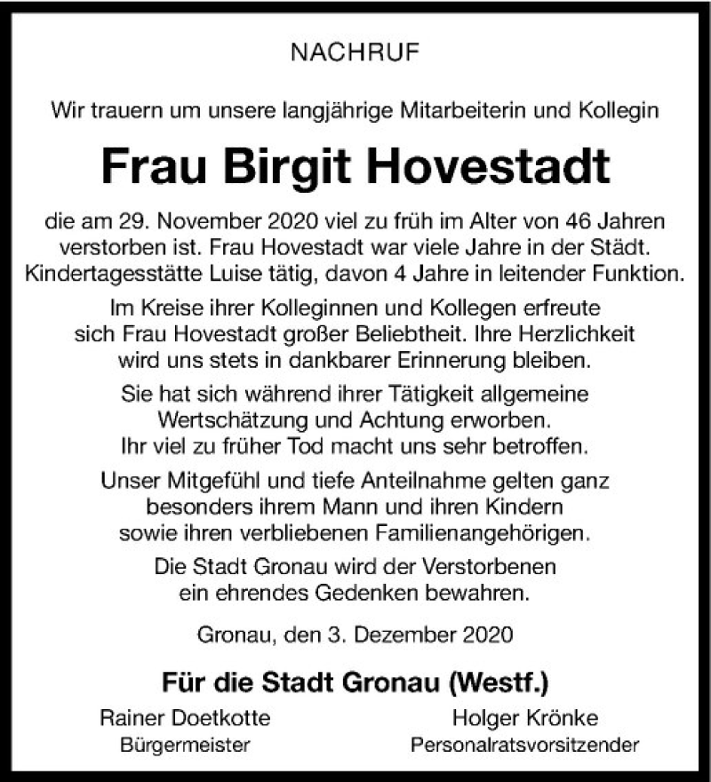  Traueranzeige für Birgit Hovestadt vom 04.12.2020 aus Westfälische Nachrichten