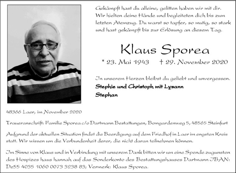  Traueranzeige für Klaus Sporea vom 02.12.2020 aus Westfälische Nachrichten