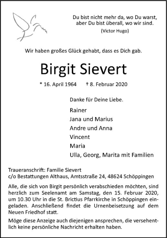  Traueranzeige für Birgit Sievert vom 13.02.2020 aus Westfälische Nachrichten