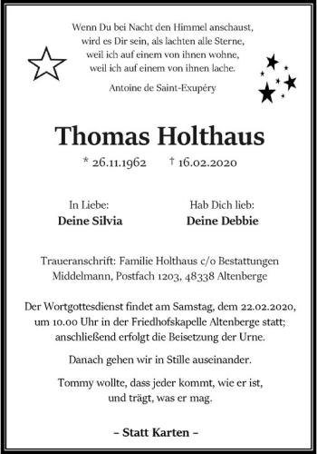 Anzeige von Thomas Holthaus von Westfälische Nachrichten