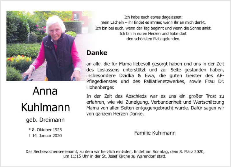  Traueranzeige für Anna Kuhlmann vom 29.02.2020 aus Westfälische Nachrichten