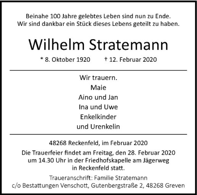  Traueranzeige für Wilhelm Stratemann vom 21.02.2020 aus Westfälische Nachrichten
