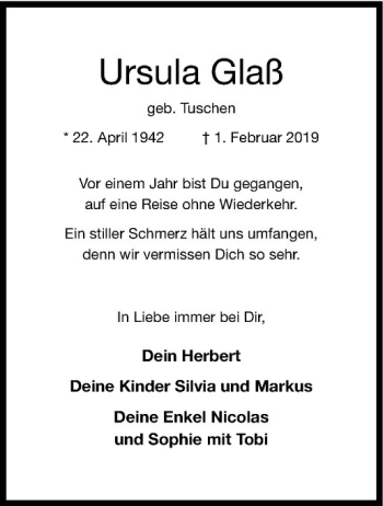 Anzeige von Ursula Glaß von Westfälische Nachrichten