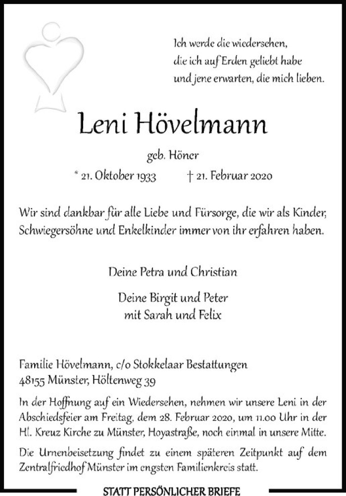  Traueranzeige für Leni Hövelmann vom 25.02.2020 aus Westfälische Nachrichten