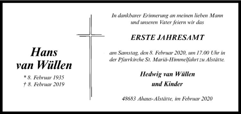  Traueranzeige für Hans van Wüllen vom 04.02.2020 aus Westfälische Nachrichten