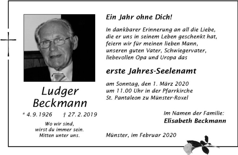  Traueranzeige für Ludger Beckmann vom 22.02.2020 aus Westfälische Nachrichten