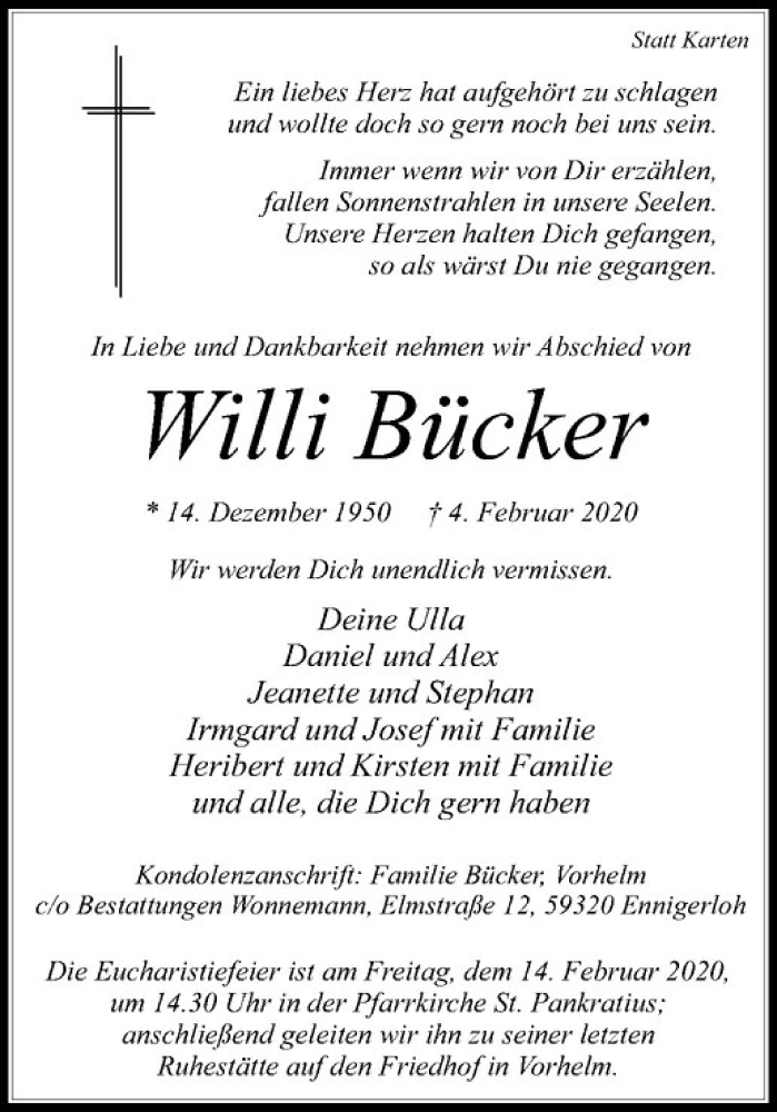  Traueranzeige für Willi Bücker vom 08.02.2020 aus Westfälische Nachrichten