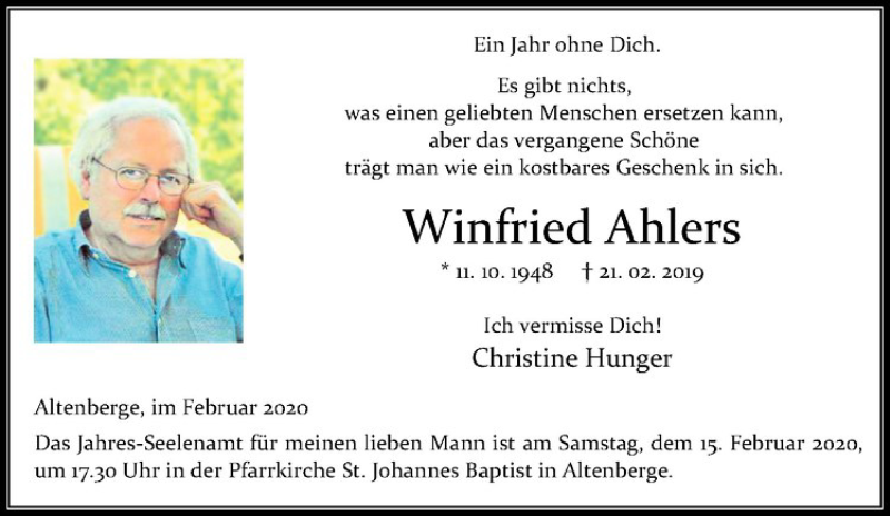  Traueranzeige für Winfried Ahlers vom 08.02.2020 aus Westfälische Nachrichten