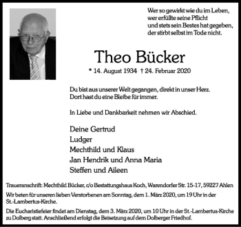 Anzeige von Theo Bücker von Westfälische Nachrichten