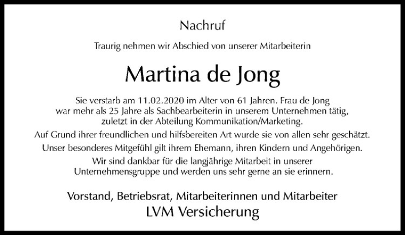  Traueranzeige für Martina de Jong vom 19.02.2020 aus Westfälische Nachrichten