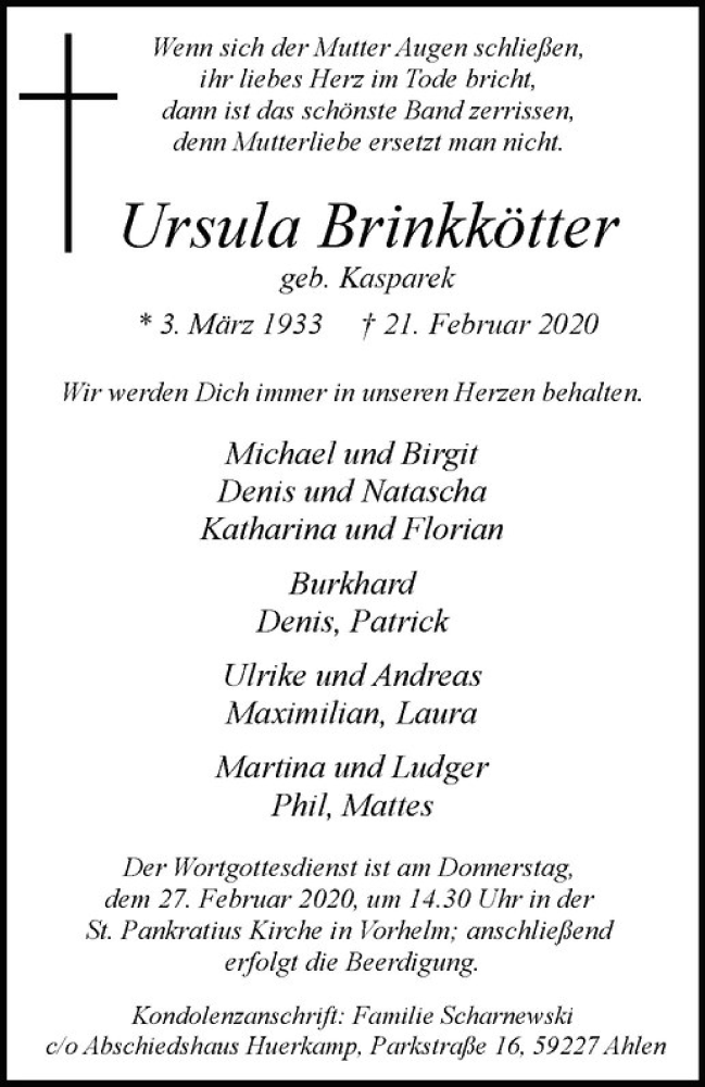  Traueranzeige für Ursula Brinkkötter vom 25.02.2020 aus Westfälische Nachrichten