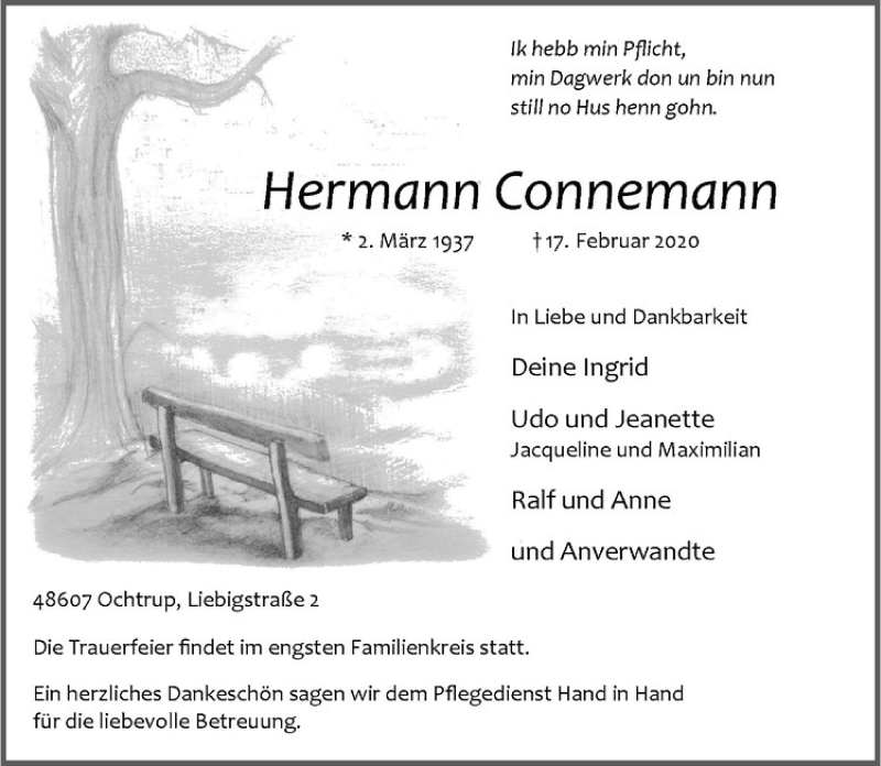  Traueranzeige für Hermann Connemann vom 20.02.2020 aus Westfälische Nachrichten