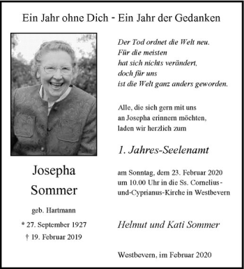 Anzeige von Josepha Sommer von Westfälische Nachrichten