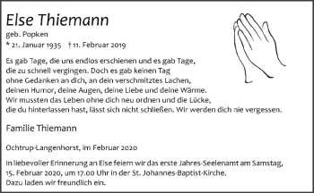 Anzeige von Else Thiemann von Westfälische Nachrichten