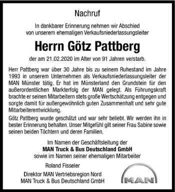 Anzeige von Götz Pattberg von Westfälische Nachrichten