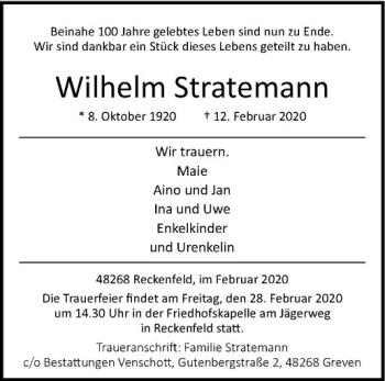 Anzeige von Wilhelm Stratemann von Westfälische Nachrichten