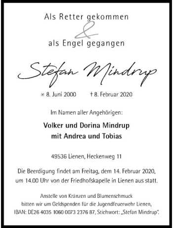 Anzeige von Stefan Mindrup von Westfälische Nachrichten