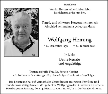 Anzeige von Wolfgang Heming von Westfälische Nachrichten