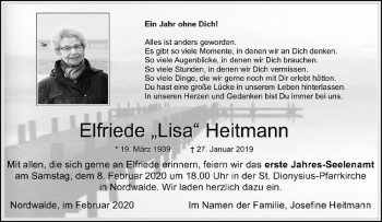 Anzeige von Elfriede Heitmann von Westfälische Nachrichten
