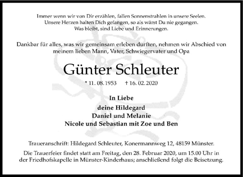  Traueranzeige für Günter Schleuter vom 22.02.2020 aus Westfälische Nachrichten