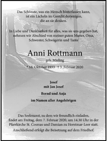 Anzeige von Anni Rottmann von Westfälische Nachrichten