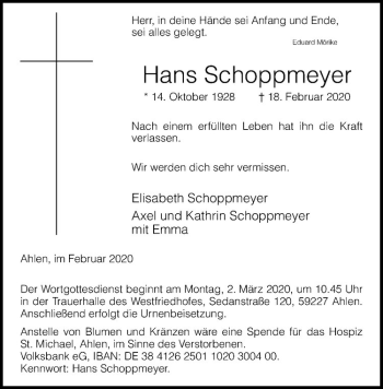 Anzeige von Hans Schoppmeyer von Westfälische Nachrichten
