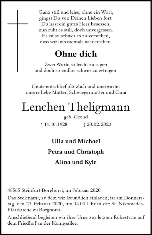  Traueranzeige für Lenchen Theligmann vom 22.02.2020 aus Westfälische Nachrichten