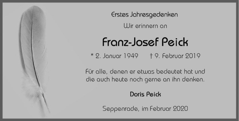  Traueranzeige für Franz-Josef Peick vom 08.02.2020 aus Westfälische Nachrichten