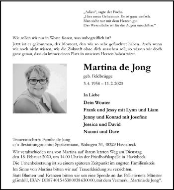 Anzeige von Martina de Jong von Westfälische Nachrichten