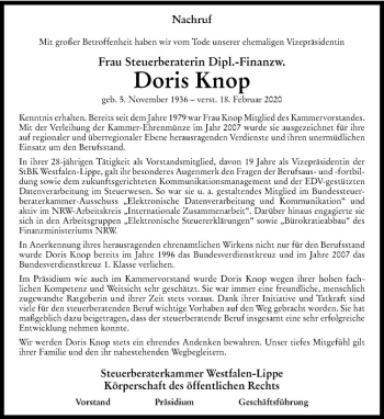 Anzeige von Doris Knop von Westfälische Nachrichten