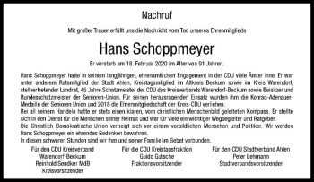 Anzeige von Hans Schoppmeyer von Westfälische Nachrichten