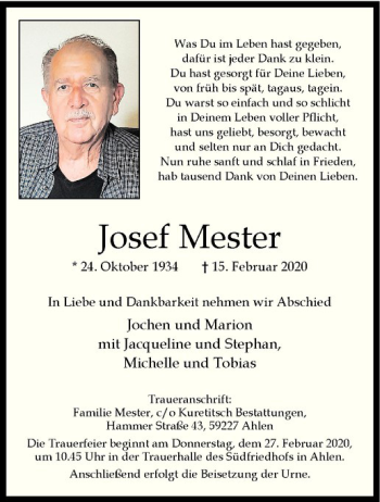 Anzeige von Josef Mester von Westfälische Nachrichten