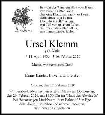 Anzeige von Ursel Klemm von Westfälische Nachrichten
